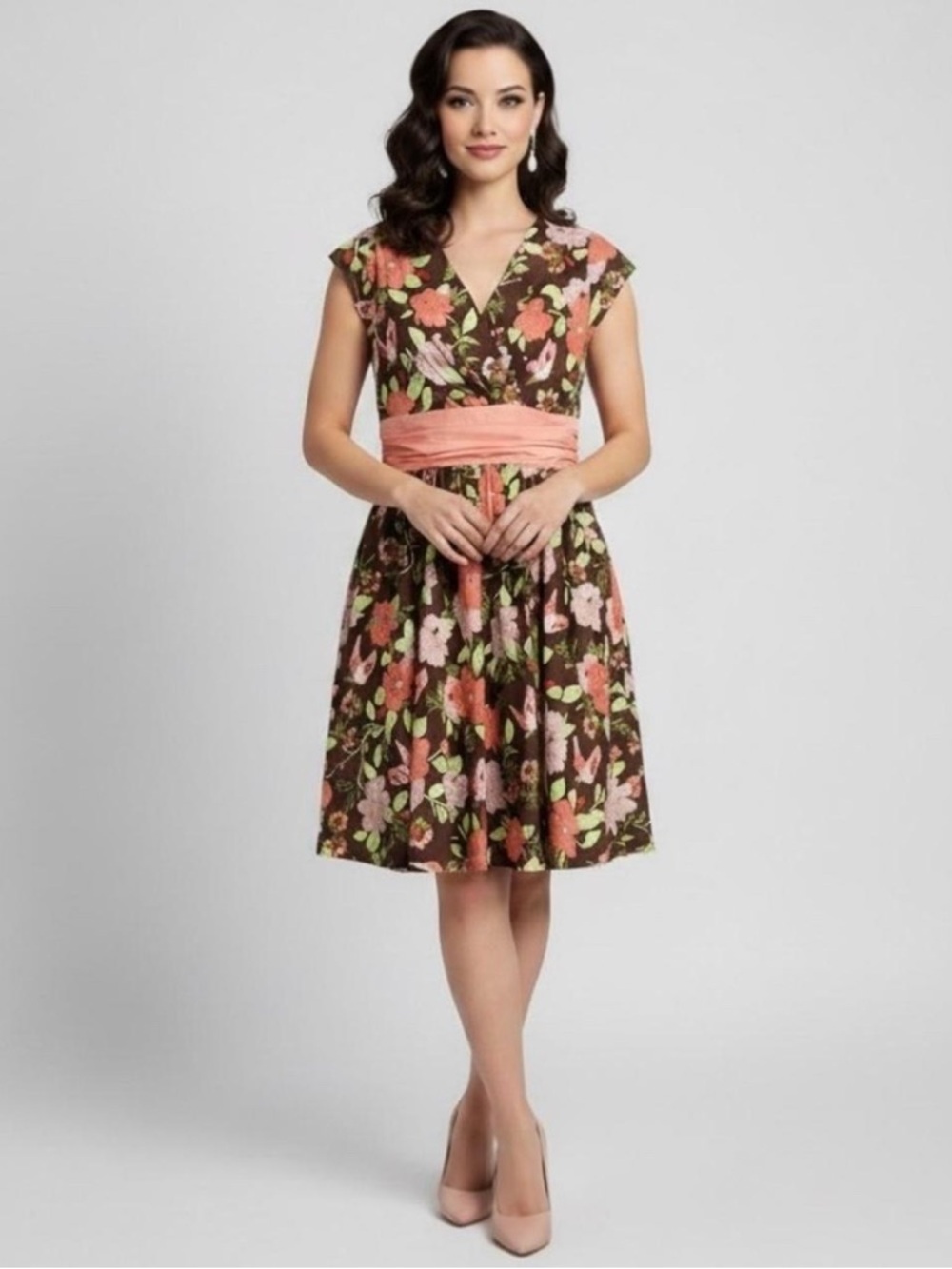 Folter 50s Style Floral Bird Dress Sz Lg Brown Pink Fit Flare Rockabilly Pin Up